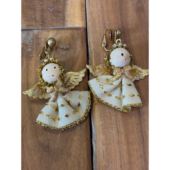 VINTAGE 90's Angel Christmas Clip On Earrings Religious Wings - Picture 3 of 5
